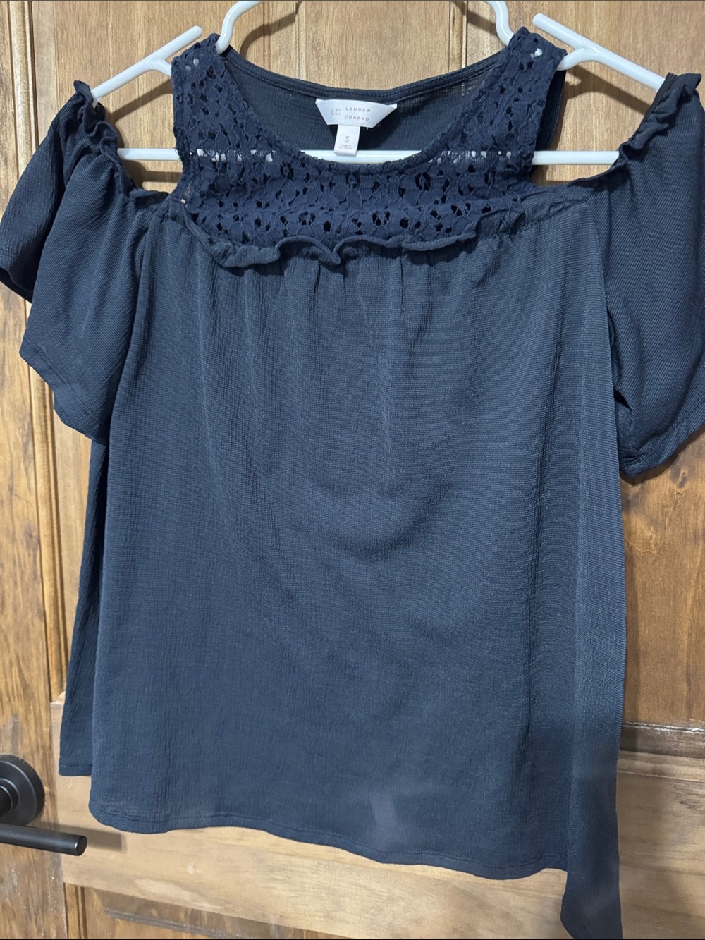 LC Lauren Conrad Navy Cold-Shoulder Crochet Yoke Top